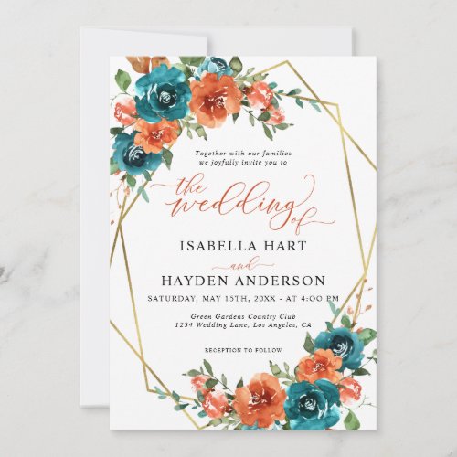 Teal Burnt Orange Floral Gold Boho Wedding Invitation