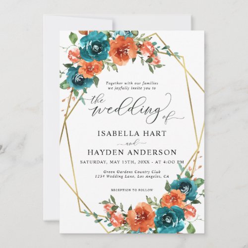 Teal Burnt Orange Floral Gold Frame Wedding Invitation