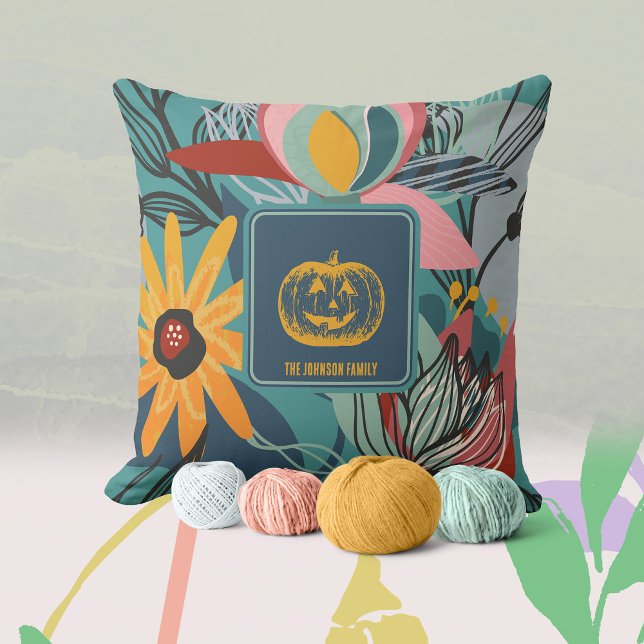 Teal Burnt Orange Floral Pumpkin Throw Pillow (Teal Burnt Orange Pink Fall Pumpkin Floral Throw Pillow ©Susanne Sachers - Sunny Mind Design 🌞)
