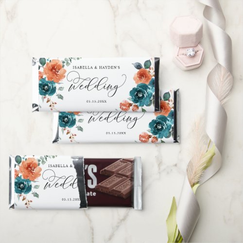 Teal Burnt Orange Floral Rust Flowers Wedding  Hershey Bar Favors