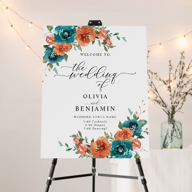 Teal Burnt Orange Floral Rust Wedding Welcome Sign (In Situ (Stand))