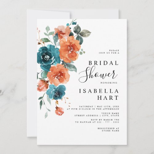 Teal Burnt Orange Floral Rustic Bridal Shower Invitation