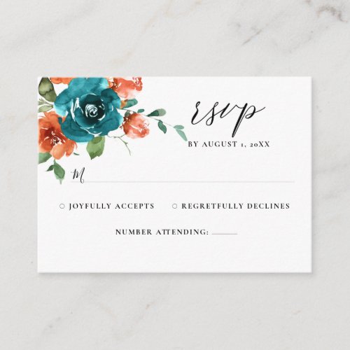 Teal Burnt Orange Floral Watercolor Wedding RSVP Enclosure Card