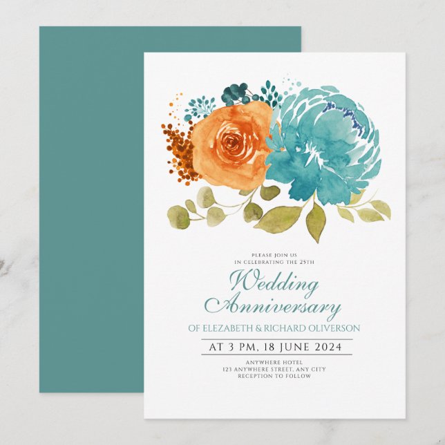 Teal Burnt Orange Floral Wedding Anniversary Invitation (Front/Back)