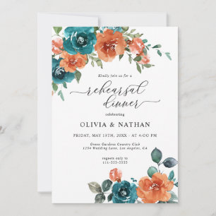 Teal Burnt Orange Flowers Fall Rehearsal Dinner Invitation