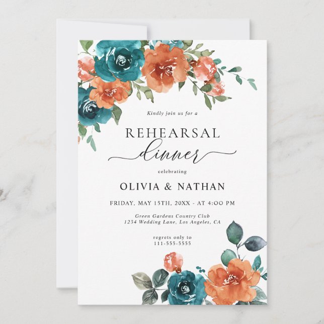 Teal Burnt Orange Flowers Rustic Rehearsal Dinner Invitation (Front)