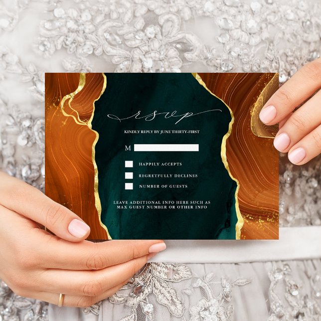 Teal, Burnt Orange & Gold Agate RSVP Invitation (Creator Uploaded)