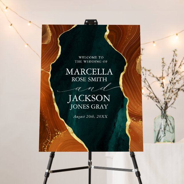 Teal, Burnt Orange & Gold Agate Wedding Invitation Foam Board (In Situ (Stand))