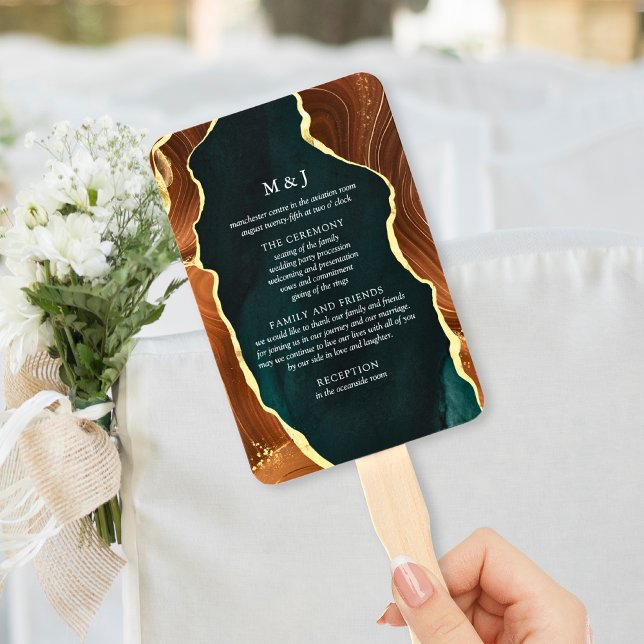 Teal, Burnt Orange Gold Agate Wedding Program Hand Fan (Creator Uploaded)