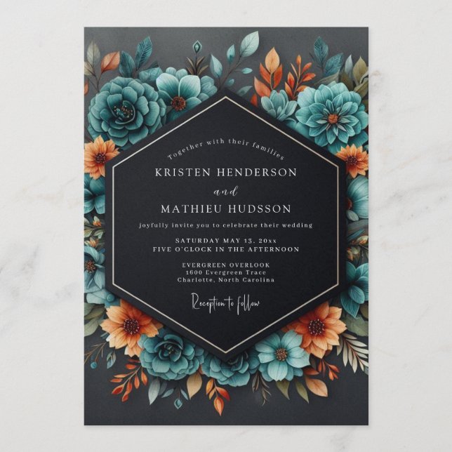 Teal Burnt Orange Moody Wedding Invitation (Front)