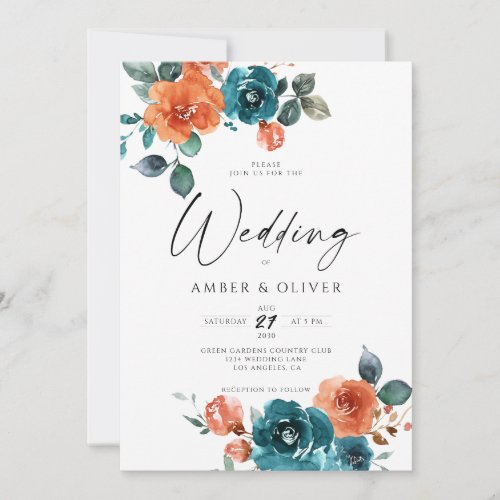 Teal Burnt Orange Rust orange Floral Wedding Invitation