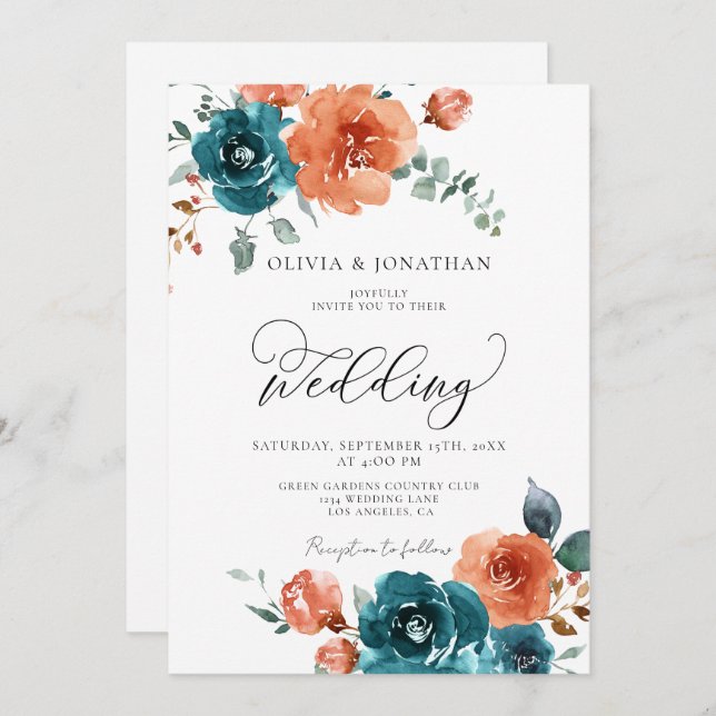 Teal Burnt Orange Rustic Fall Floral Wedding  Invitation (Front/Back)