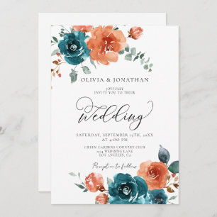 Teal Burnt Orange Rustic Fall Floral Wedding  Invitation