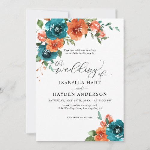 Teal Burnt Orange Rustic Floral Watercolor Wedding Invitation