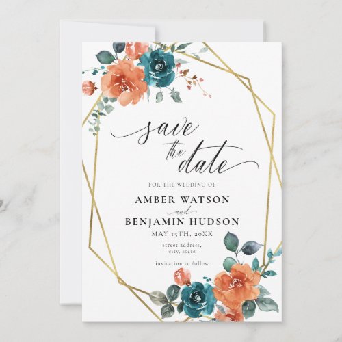 Teal Burnt Orange Watercolor Floral Save The Date Invitation