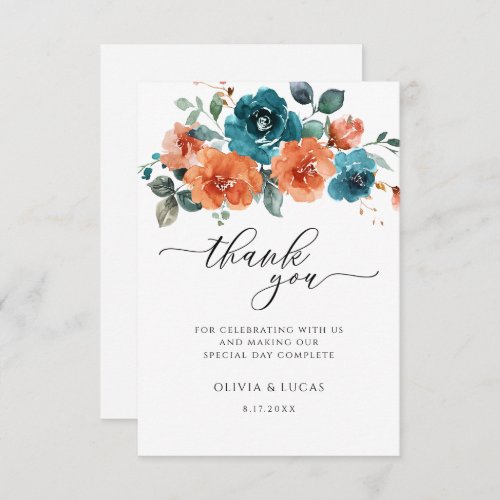 Teal Burnt Orange Watercolor Floral Wedding Thank You Card