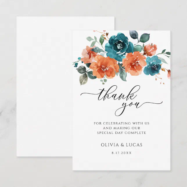 Teal Burnt Orange Watercolor Floral Wedding Thank You Card | Zazzle