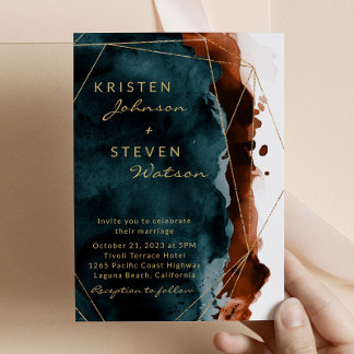 Teal & Burnt Orange Watercolor Wedding Invitation