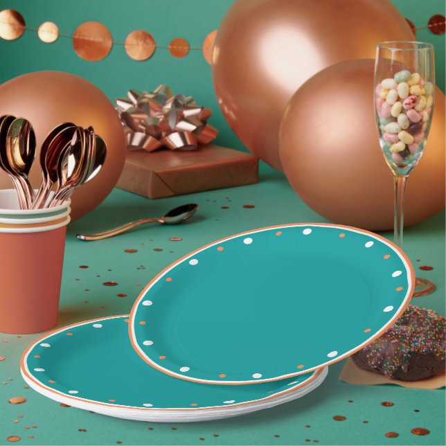 Teal Burnt Orange White Geometric Polka Dots Paper Plates (Multi)