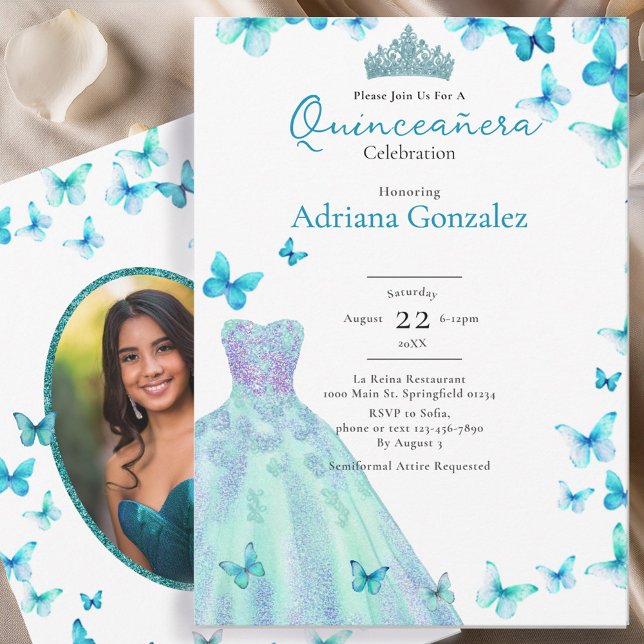 Teal Butterflies Dress Tiara Photo Quinceanera Invitation (Creator Uploaded)