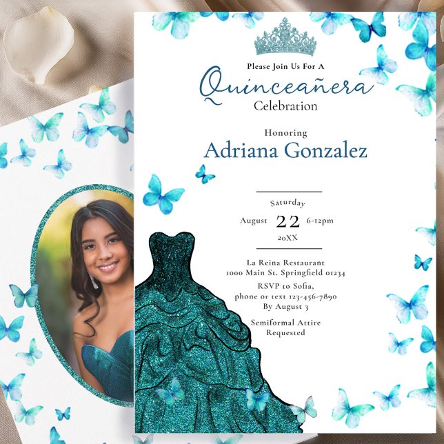 Teal Butterflies Dress Tiara Photo Quinceanera Invitation (Creator Uploaded)