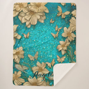 Teal Butterflies Faux Gold Glitter Custom Name Sherpa Blanket