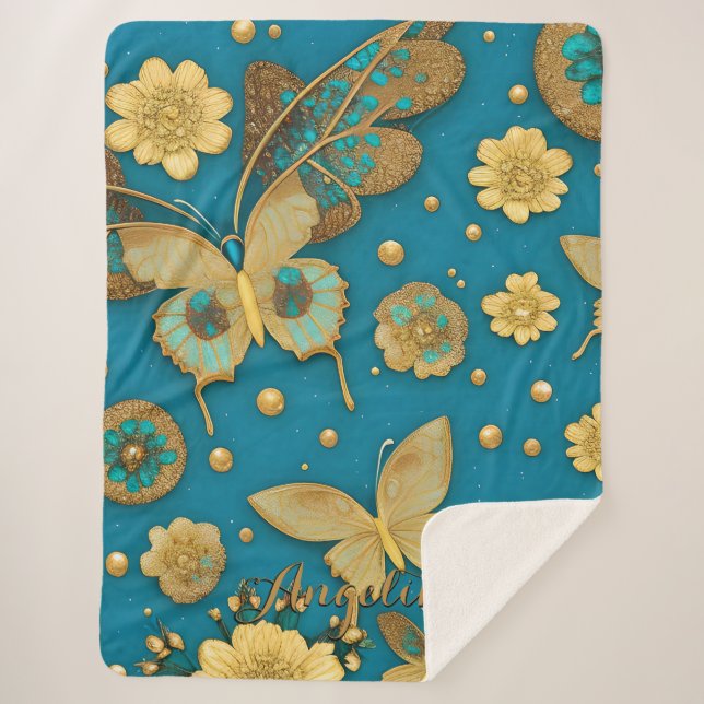 Teal Butterflies, Gold Glitter Personalized Name Sherpa Blanket (Front)