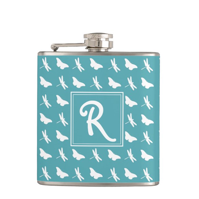 Teal Butterfly and Dragonfly Monogram Flask (Front)