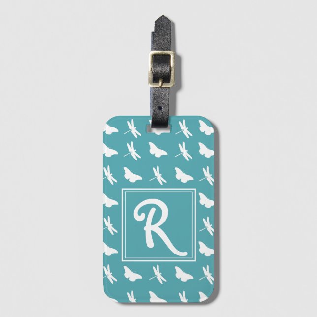 Teal Butterfly and Dragonfly Pattern Luggage Tag (Front Vertical)