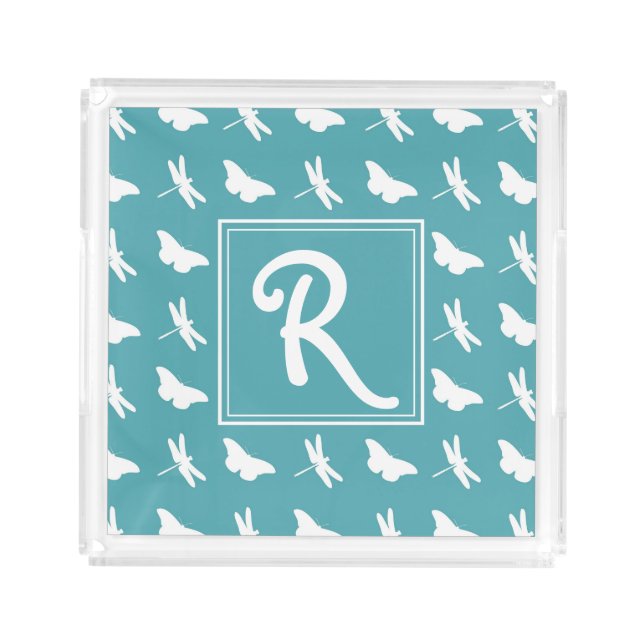 Teal Butterfly and Dragonfly Pattern Monogram Acrylic Tray (Front)