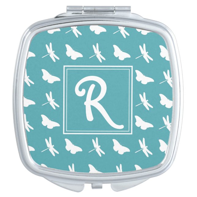 Teal Butterfly and Dragonfly Pattern Monogram Compact Mirror (Front)