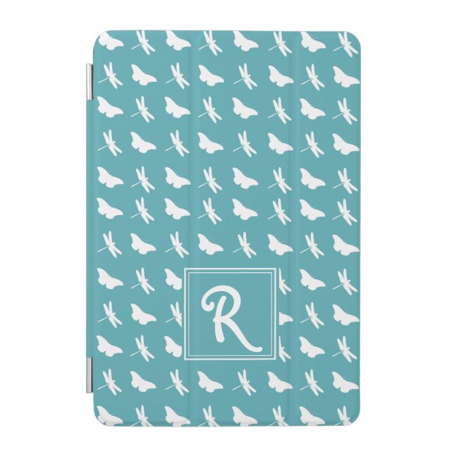 Teal Butterfly and Dragonfly Pattern Monogram iPad Mini Cover (Front)