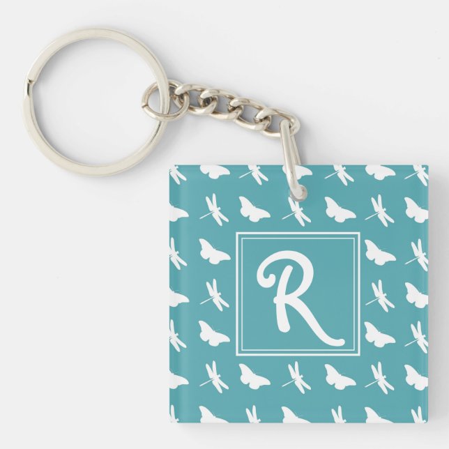 Teal Butterfly and Dragonfly Pattern Monogram Keychain (Front)