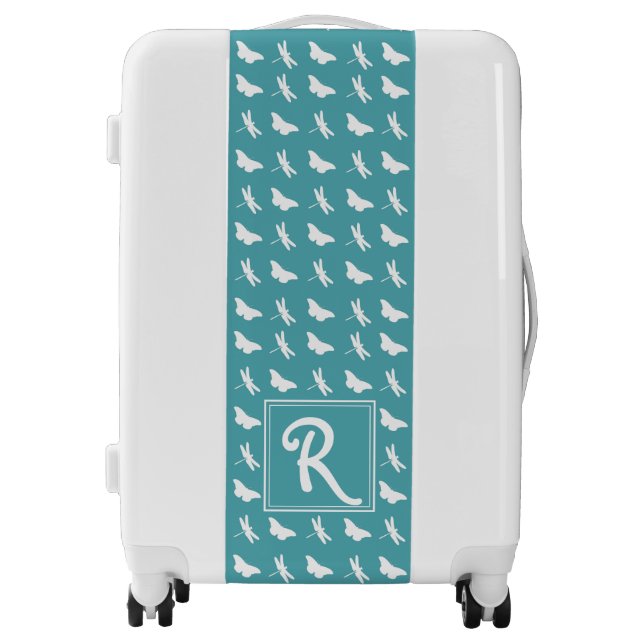 Teal Butterfly and Dragonfly Pattern Monogram Luggage (Front)