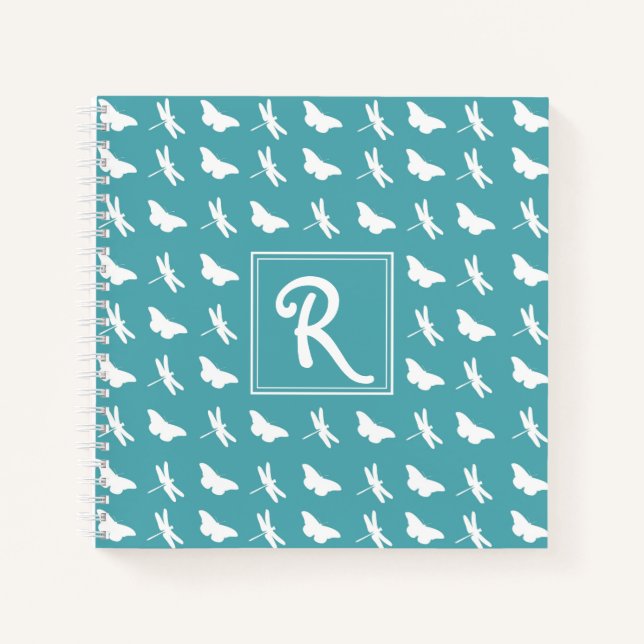 Teal Butterfly and Dragonfly Pattern Monogram Notebook (Front)