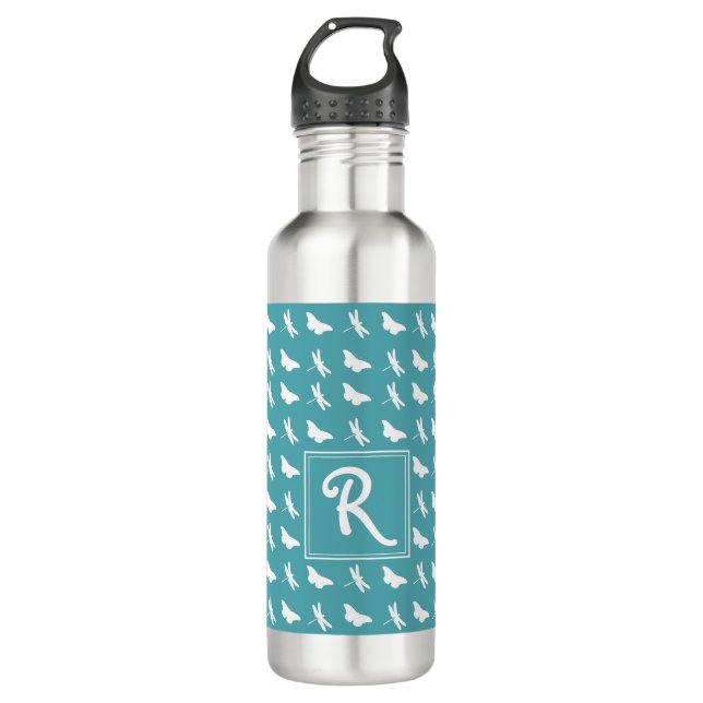 Teal Butterfly and Dragonfly Pattern Monogram Stainless Steel Water Bottle (Front)