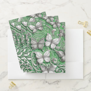 Teal Butterfly and Glitter Personalized Name Pocket Folder