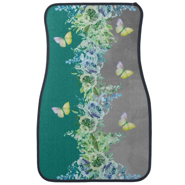 Teal Butterfly Botanical Car Floor Mat (Front)