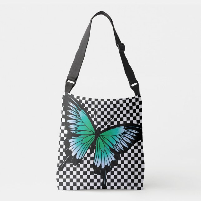 Teal Butterfly Classic Checker Cross Body Tote Bag (Front)