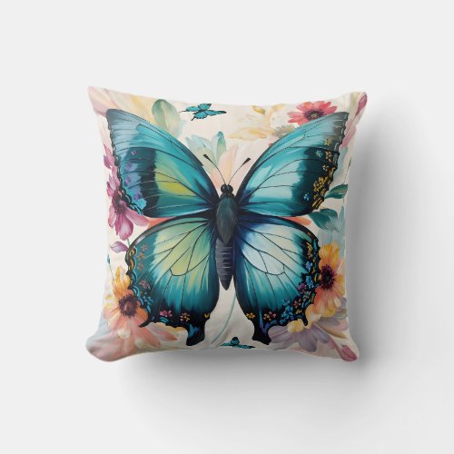 Teal Butterfly Colorful Floral Art Throw Pillow