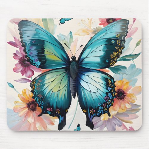 Teal Butterfly Colorful Flowers Art Mouse Pad