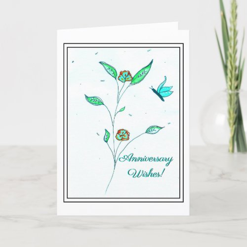 Teal Butterfly Copper Flowers Anniversary Card