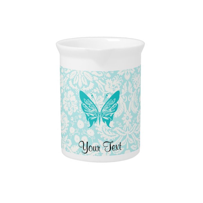 Teal Butterfly; Damask Pattern Beverage Pitcher