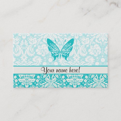 Teal Butterfly; Damask Pattern Business Card Template