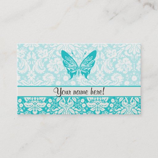 Customizable Teal Butterfly; Damask Pattern Business Card Template