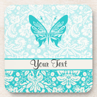 Teal Butterfly; Damask Pattern Coaster