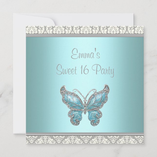 Teal Butterfly Damask Sweet 16 Party Invitation (Front)