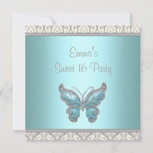 Teal Butterfly Damask Sweet 16 Party Personalized Invitation