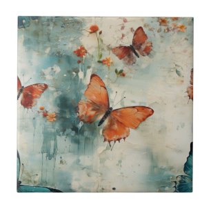 Teal Butterfly English Garden Vintage Floral Ceramic Tile