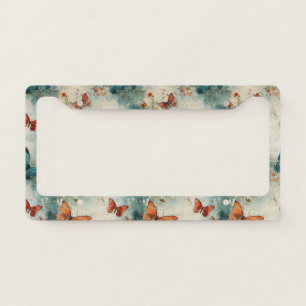 Teal Butterfly English Garden Vintage Floral License Plate Frame